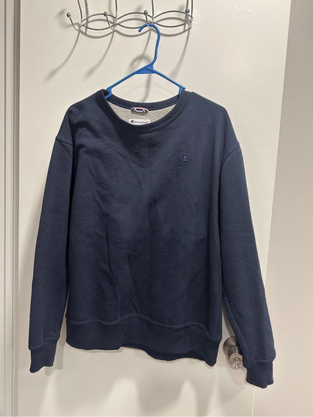 Champion Men's Powerblend Crewneck Sweatshirt Navy Blue Small C Logo